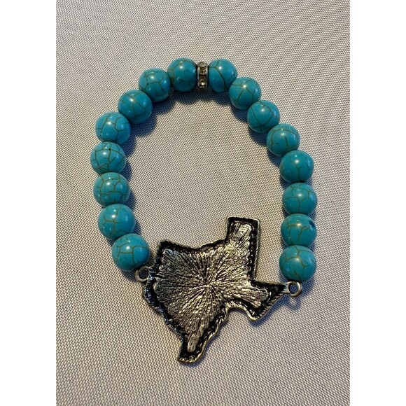 Turquoise Beaded Stretch Bracelet With Rhinestone Texas State Pendant - Picture 3 of 7